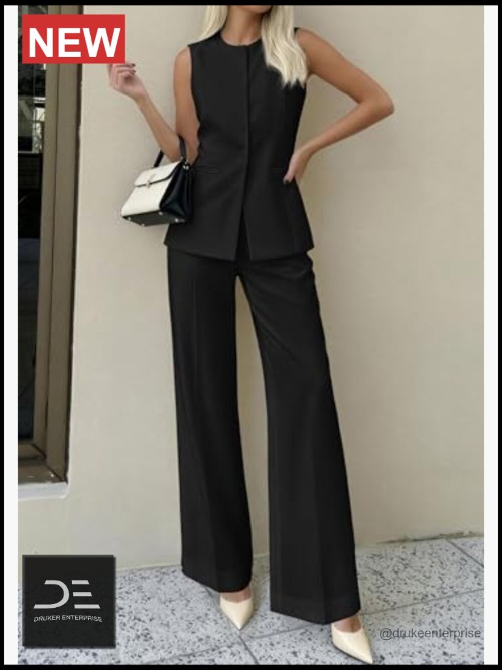2 Piece Vest and Wide Leg Pants Set - Sleeveless Blazer Suit - Business Casual - Picture 2 of 7